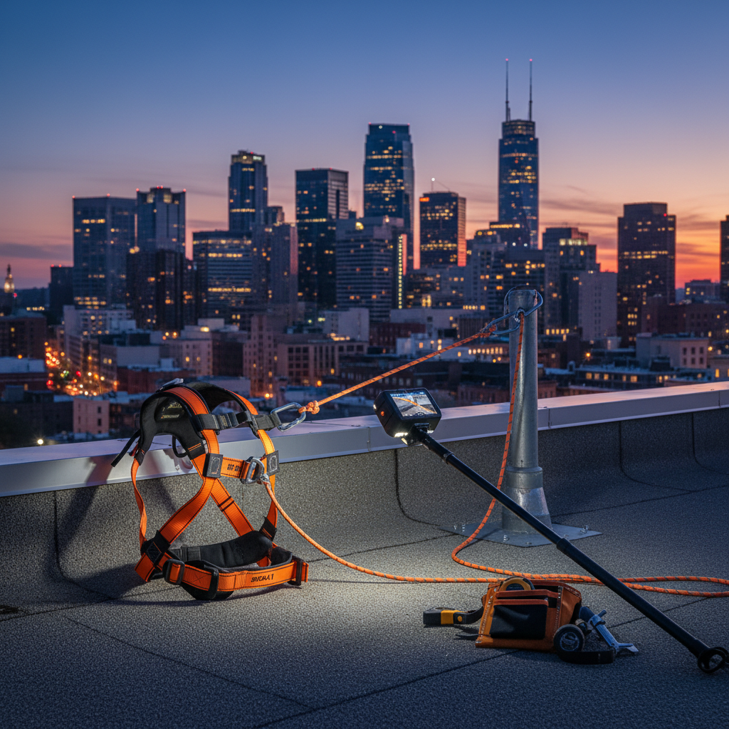 a professional roofing technician wearing a safety harness, carefully inspecting the edge of a flat roof, with the city - roof repair Singapore