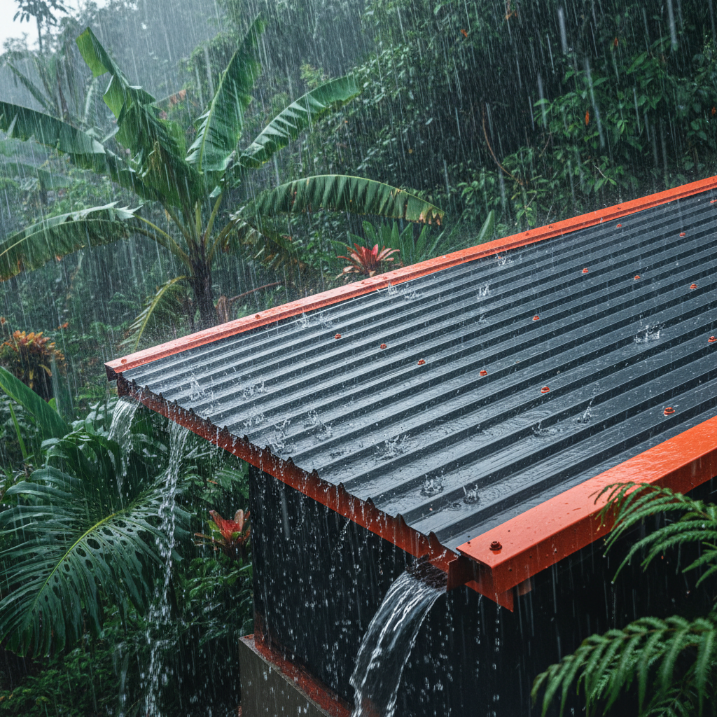 a vibrant, stylized depiction of heavy tropical rain hitting a robust, newly installed roof, highlighting durability aga - roof repair vs replacement Singapore