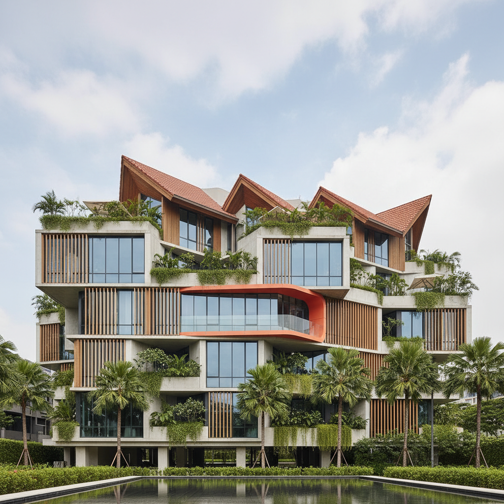 A modern residential building in Singapore featuring a combination of low-slope and steep-slope roof sections, showcasin - roof pitch Singapore