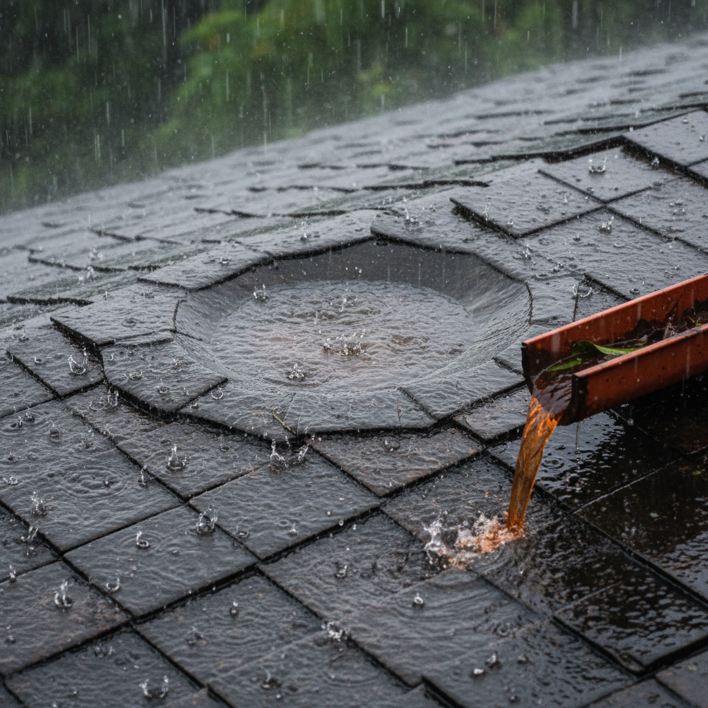 a close-up overhead view of heavy tropical rain hitting a dark, textured roof surface with visible puddling in some area - roof waterproofing Singapore