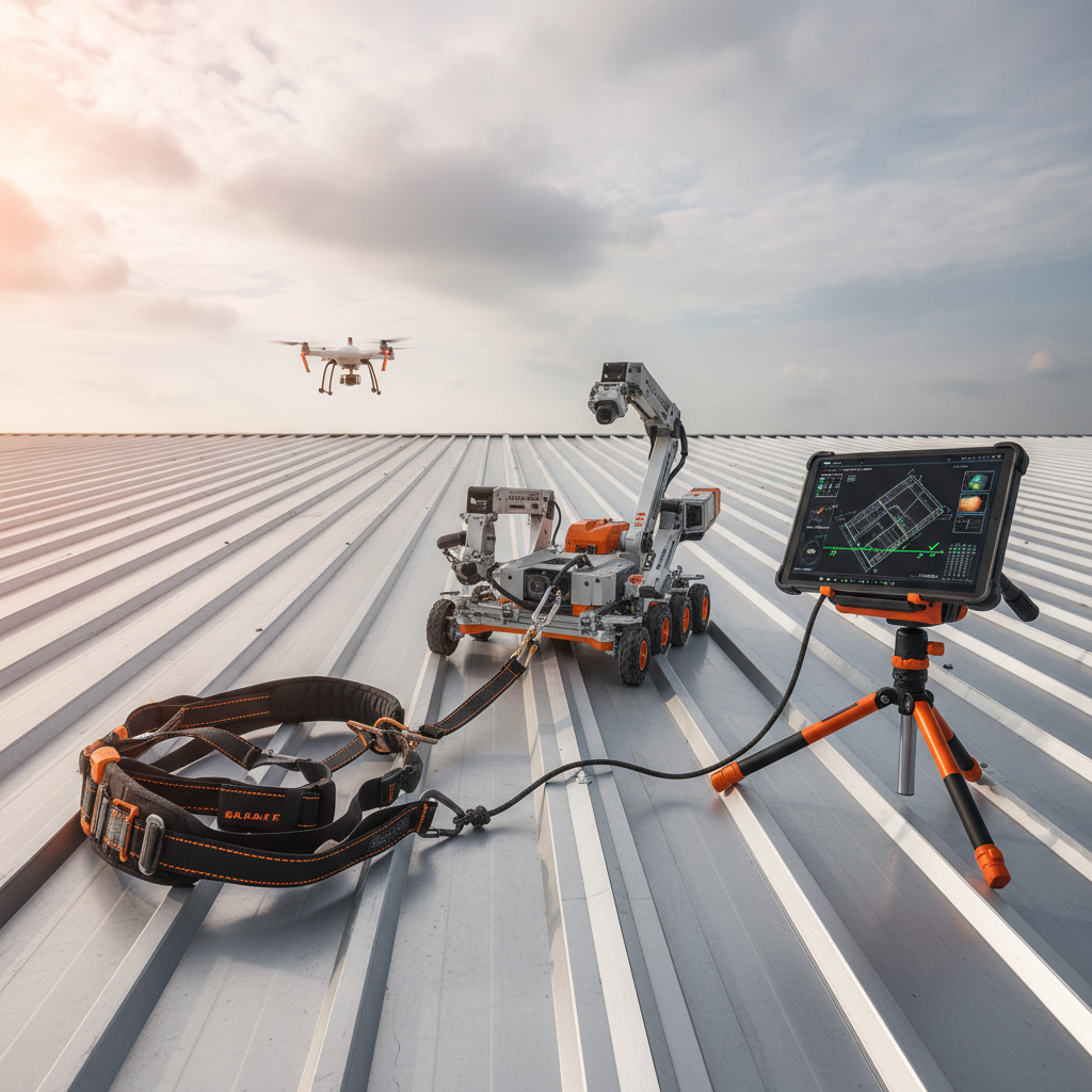 a professional roofing contractor in a safety harness on an industrial roof in Singapore, using specialized equipment to - industrial roofing Singapore