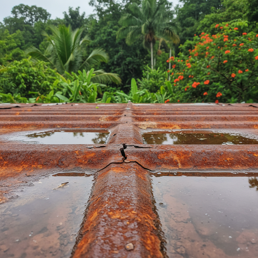 a close-up of a damaged industrial metal roof in Singapore, showing rust, a cracked seam, and standing water after heavy - industrial roofing Singapore