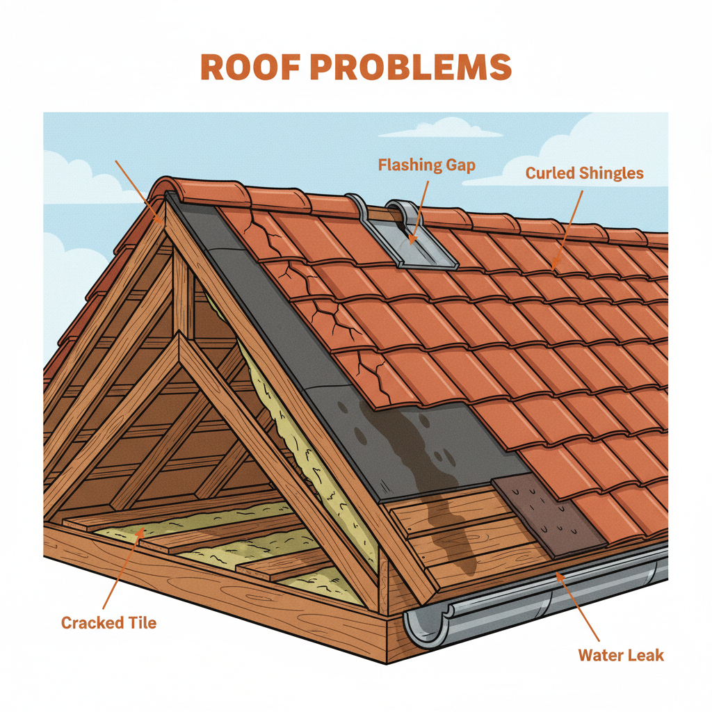 An illustration showing a roof cross-section highlighting various components like decking, underlayment, and exterior ma - re-roofing vs roof repair Singapore