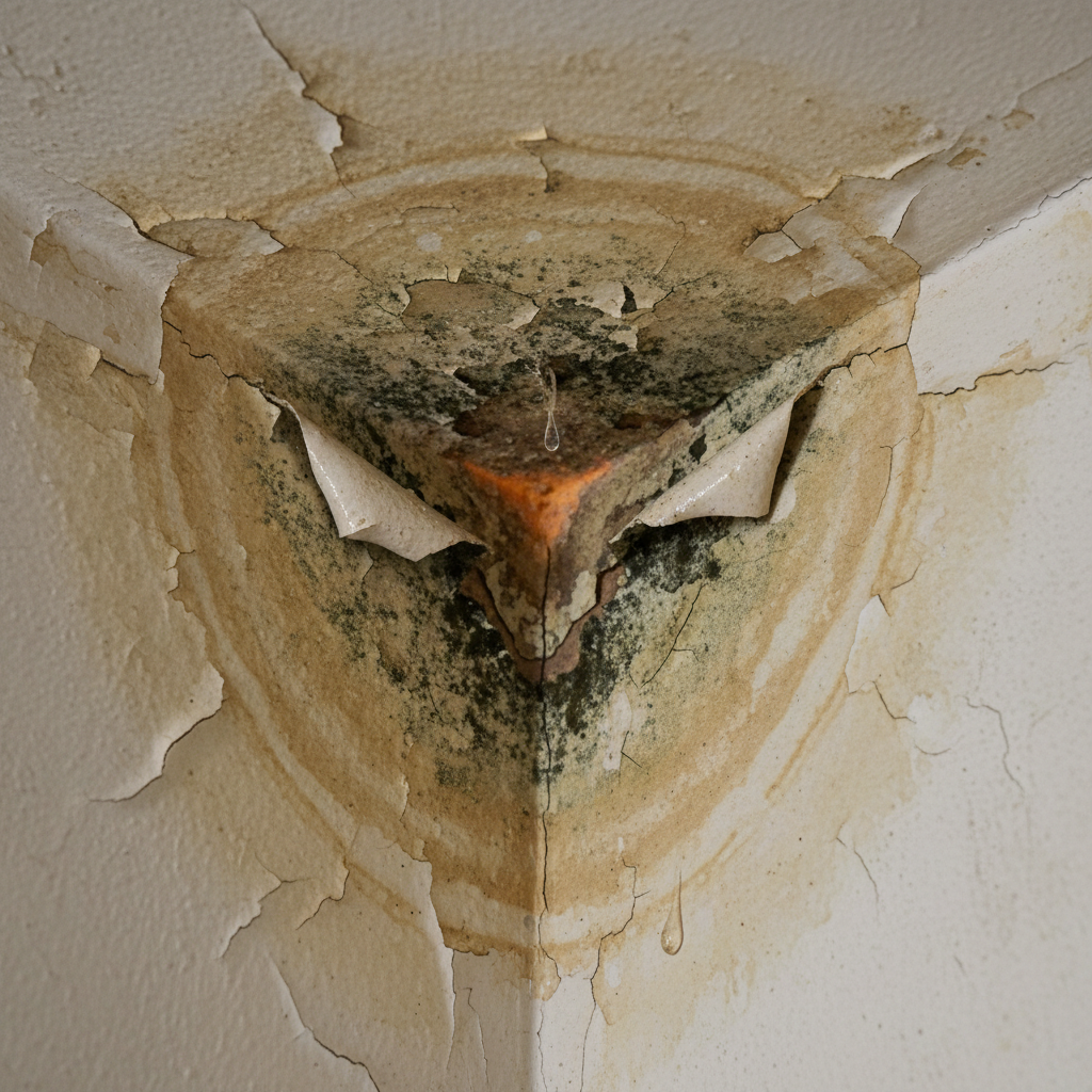 a close-up, high-angle shot showcasing a damp ceiling corner with visible water stains and paint peeling, a clear sign o - roof waterproofing cost Singapore