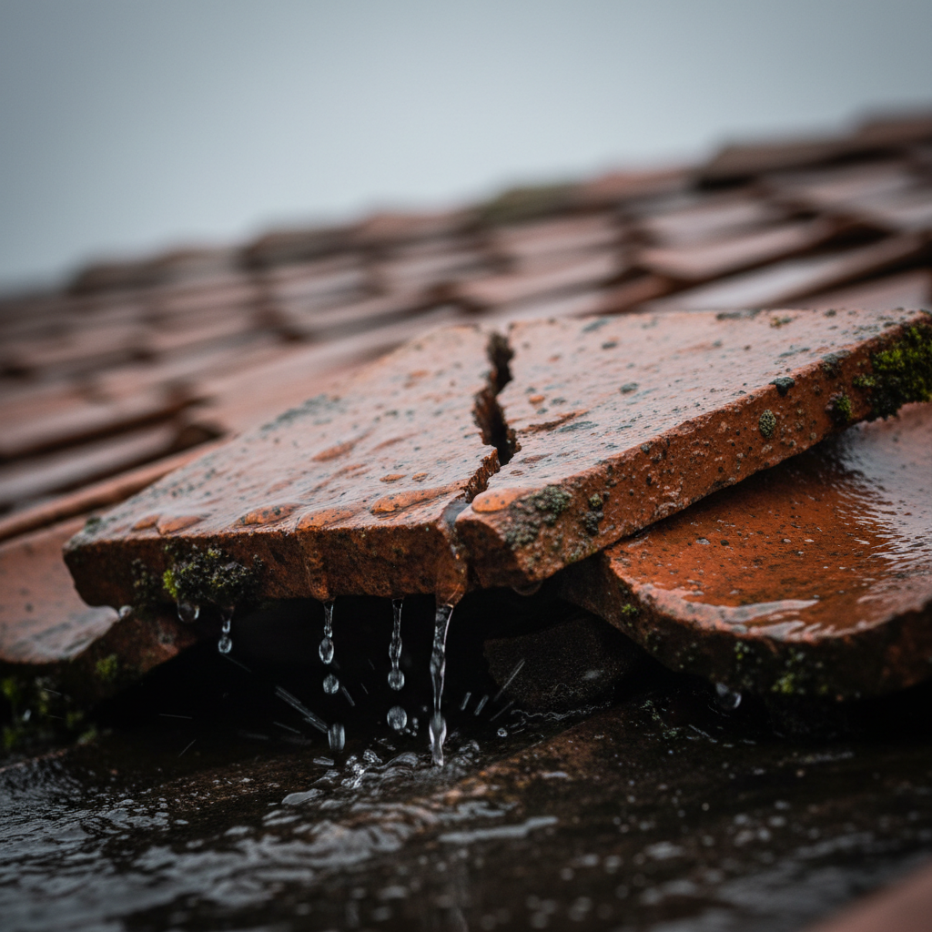 a close-up, detailed shot of a damaged roof tile, with water droplets visible, indicating a leak and the need for immedi - emergency roof repair Singapore