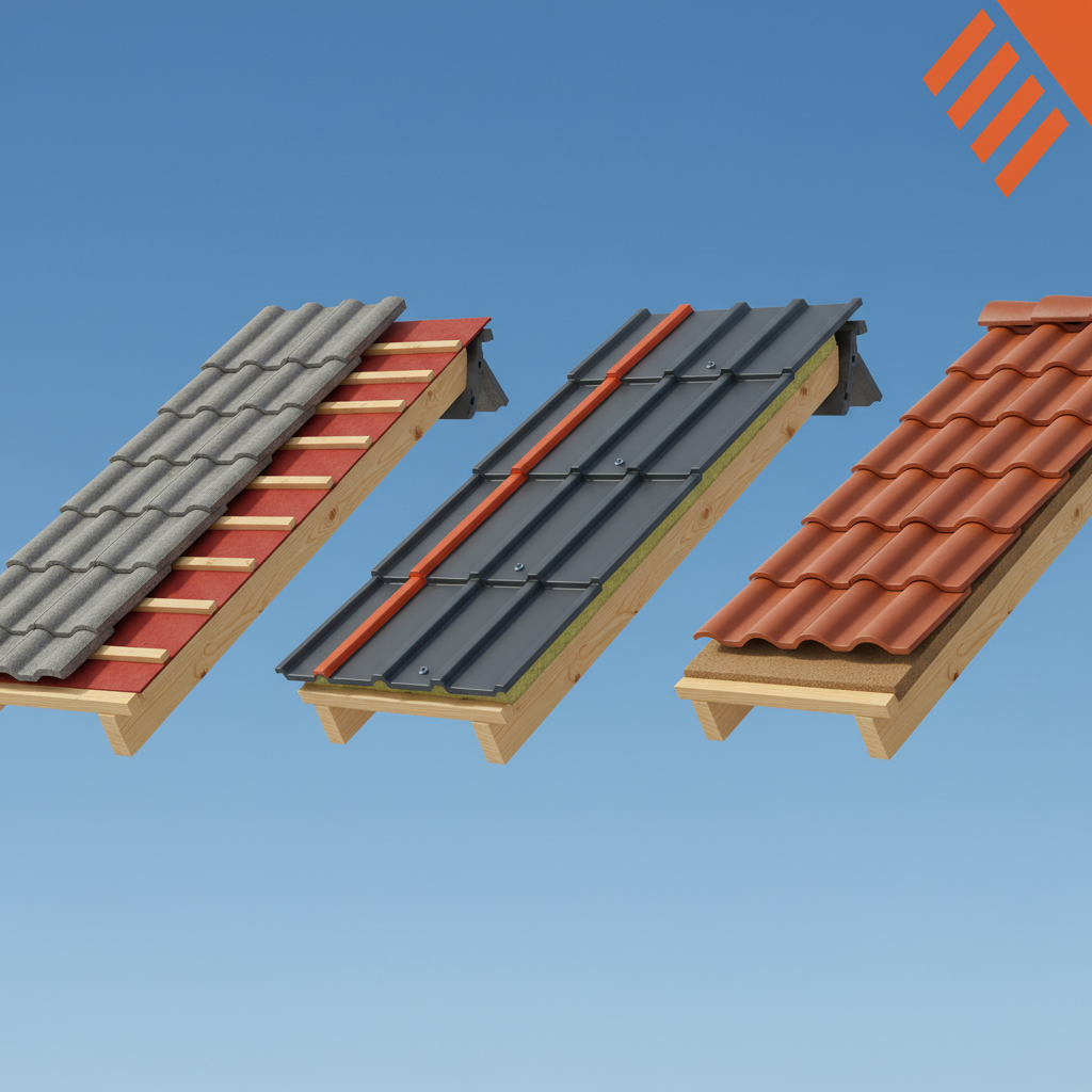 a cross-section of three different roofing materials side-by-side, showing the construction of concrete tiles, metal she - roof replacement costs Singapore