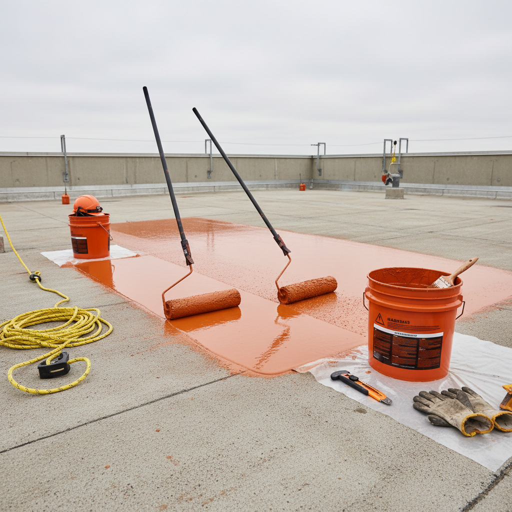 a professional roofer applying a liquid waterproofing membrane to a flat concrete roof using rollers, ensuring a smooth - flat roof waterproofing Singapore