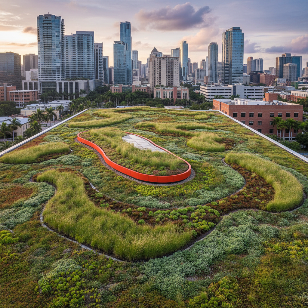 a vast, low-maintenance extensive green roof covered in sedum plants and sparse grasses, seen from an aerial perspective - green roof Singapore