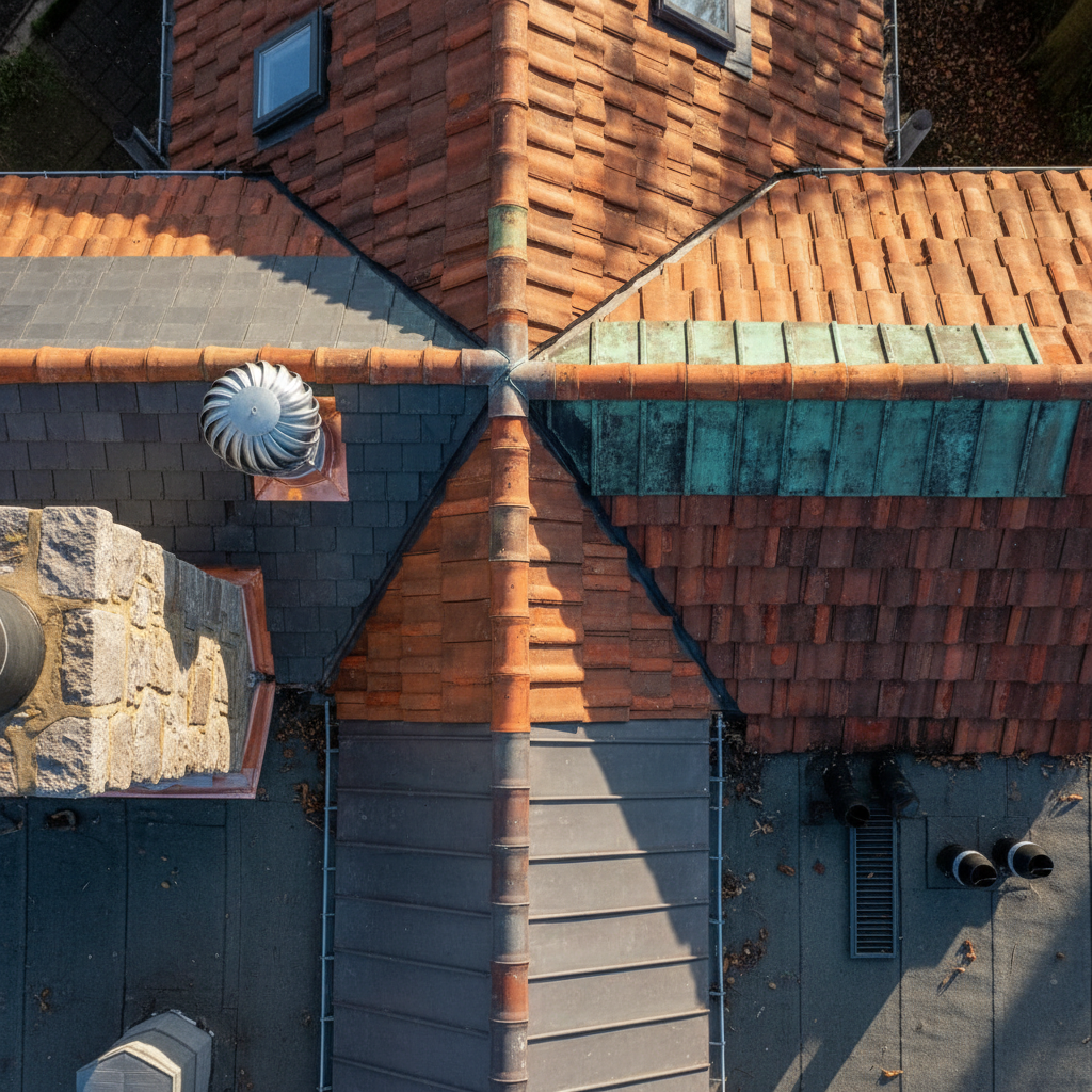 a close-up, top-down view of a complex roof section, showcasing various roofing materials, vents, and flashing details, - roofing inspections Singapore