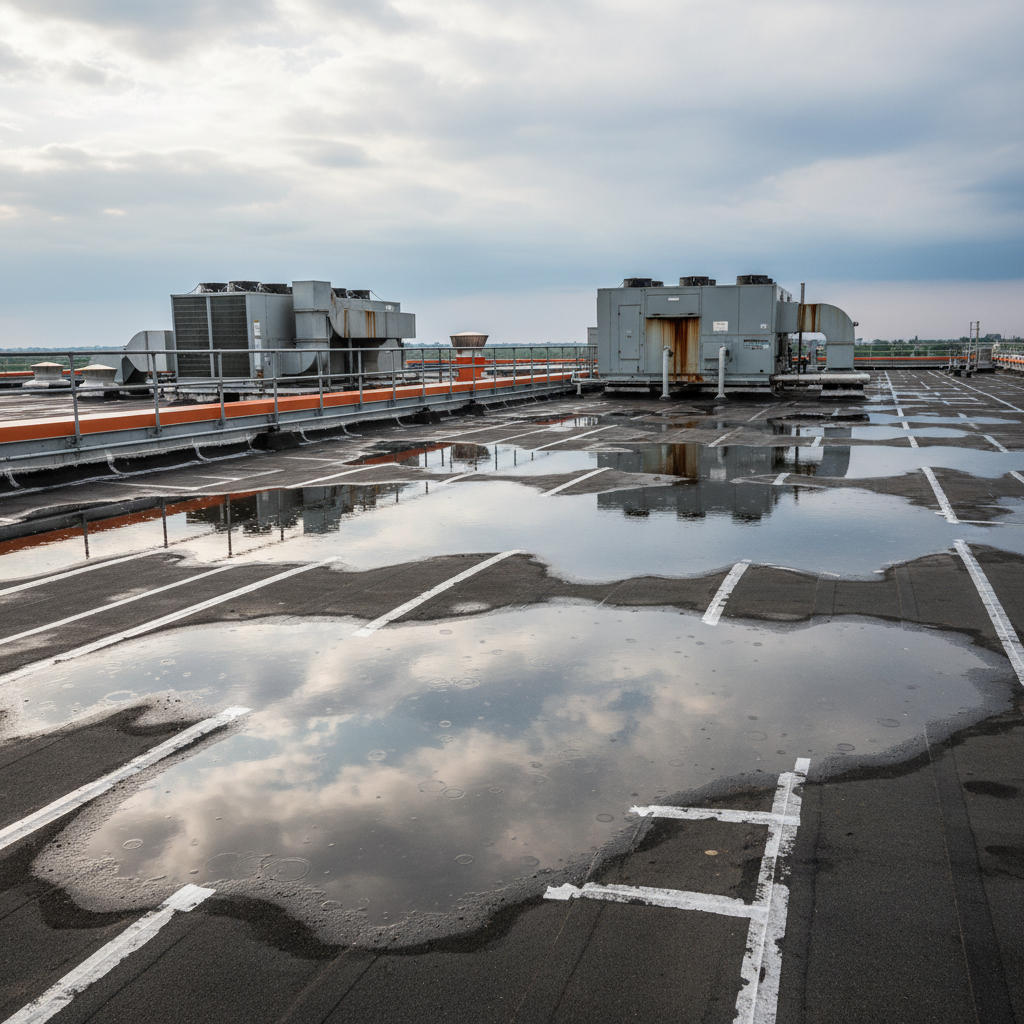a large industrial flat roof showing several noticeable puddles of standing water following a rain shower, with visible - roof leak problems Singapore