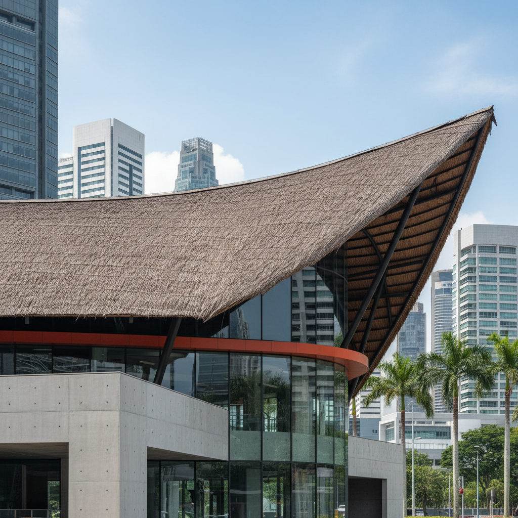 a modern architectural structure in an urban Singaporean setting with a minimalist concrete and glass base, topped by a - attap roof Singapore