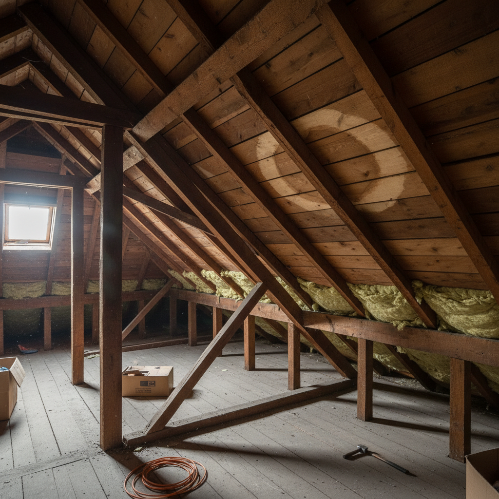 attic interior with exposed wooden rafters, showing insulation and a faint water stain on the wooden decking, no people - roof inspection checklist Singapore