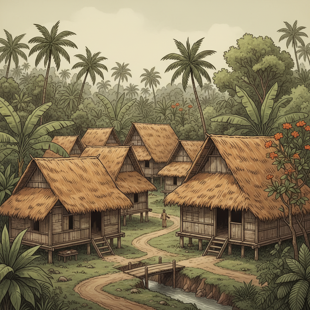 a historical illustration or vintage photo of an attap house in an early Singaporean village, showcasing the widespread - attap roof Singapore
