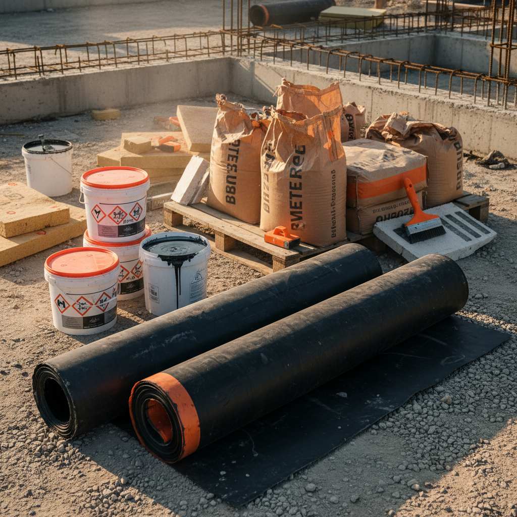 various waterproofing materials laid out on a construction site, including rolls of membrane, buckets of liquid sealant, - waterproofing solutions Singapore