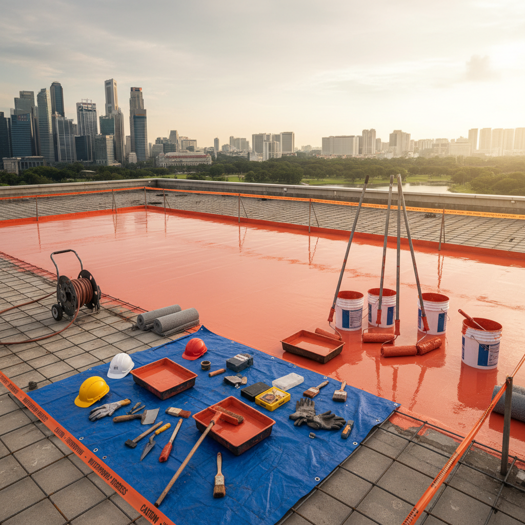 a team of waterproofing specialists applying a liquid membrane to a flat roof, wearing safety gear, with tools and mater - waterproofing solutions Singapore