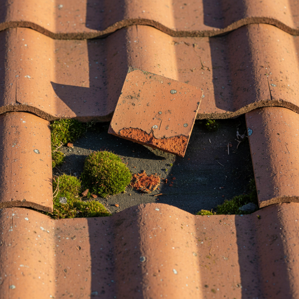 close-up of a damaged roof showing a single missing tile and a small patch of moss, clearly indicating localized problem - roof repair vs replacement Singapore