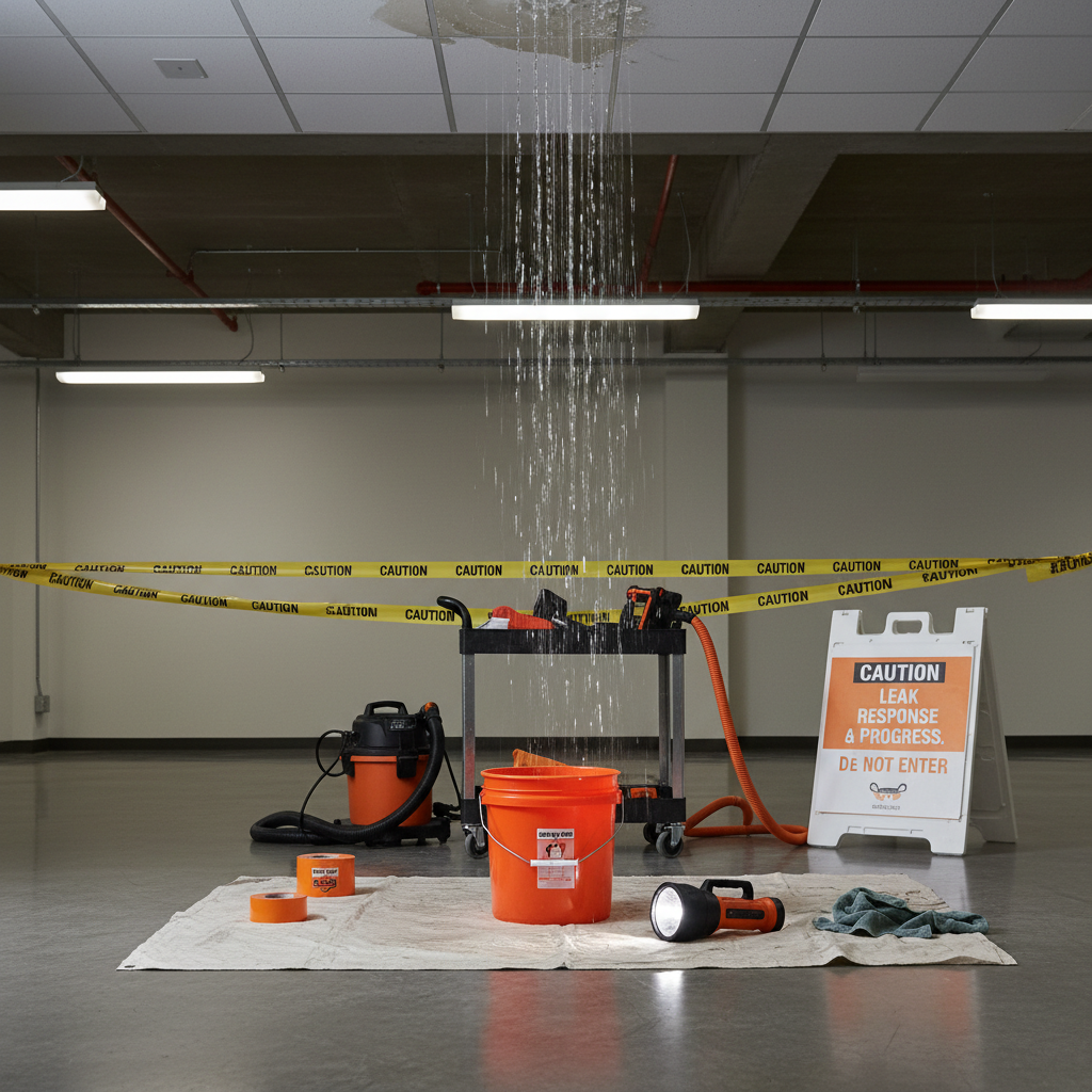 a secure indoor scene with a bucket catching drips from a ceiling leak, a flashlight illuminating the area, emphasizing - emergency roof repair Singapore