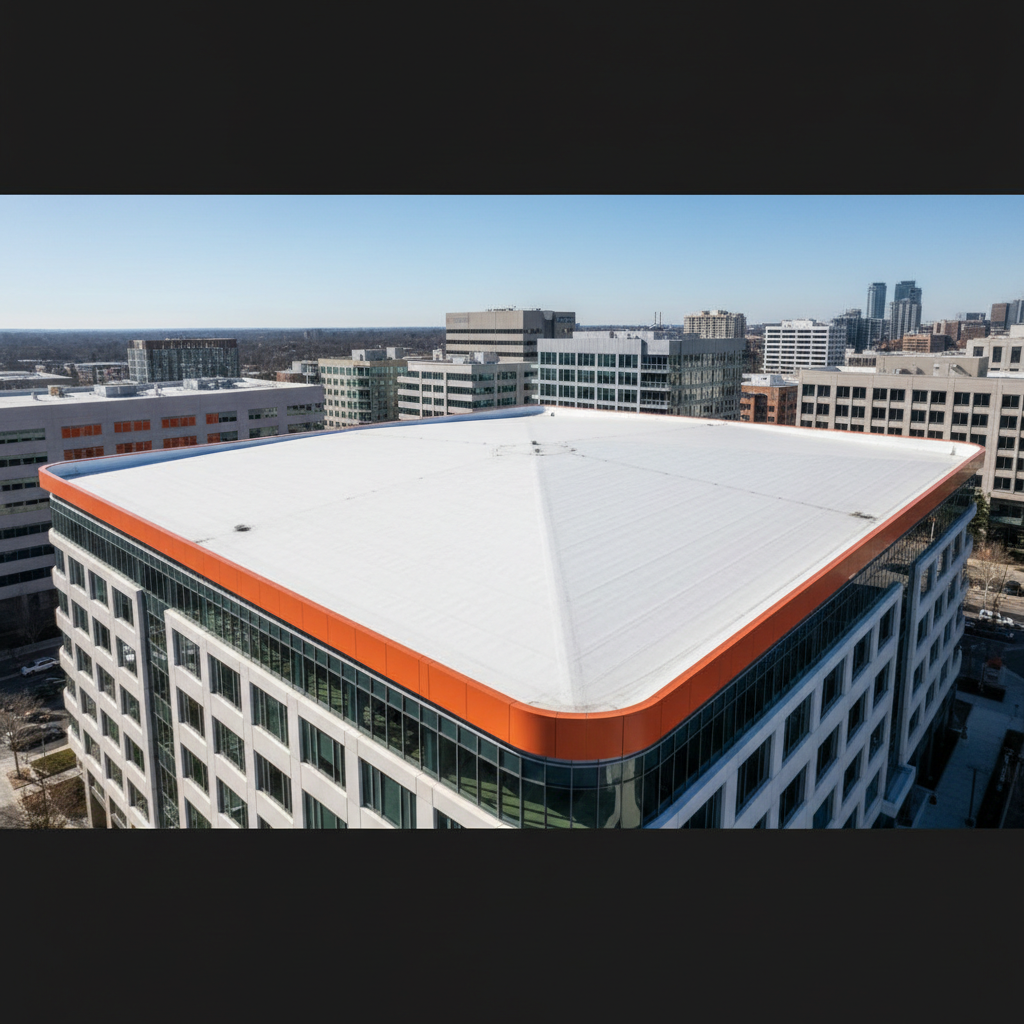 a clean, light-colored TPO roof membrane extending across a wide, modern commercial building in an urban setting, implyi - advanced waterproofing Singapore