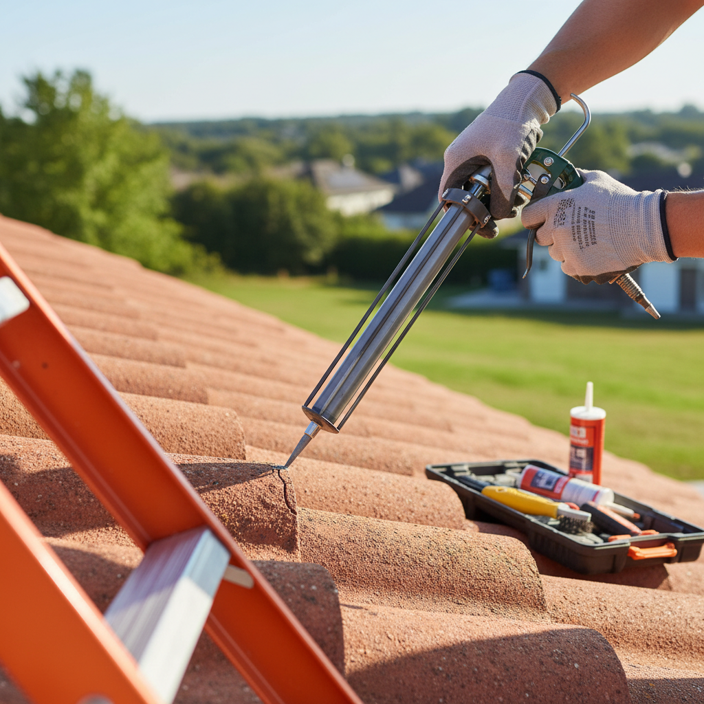 A skilled technician on a ladder, using a small tool to carefully seal a minor crack on a roof tile. The scene emphasize - roof maintenance Singapore