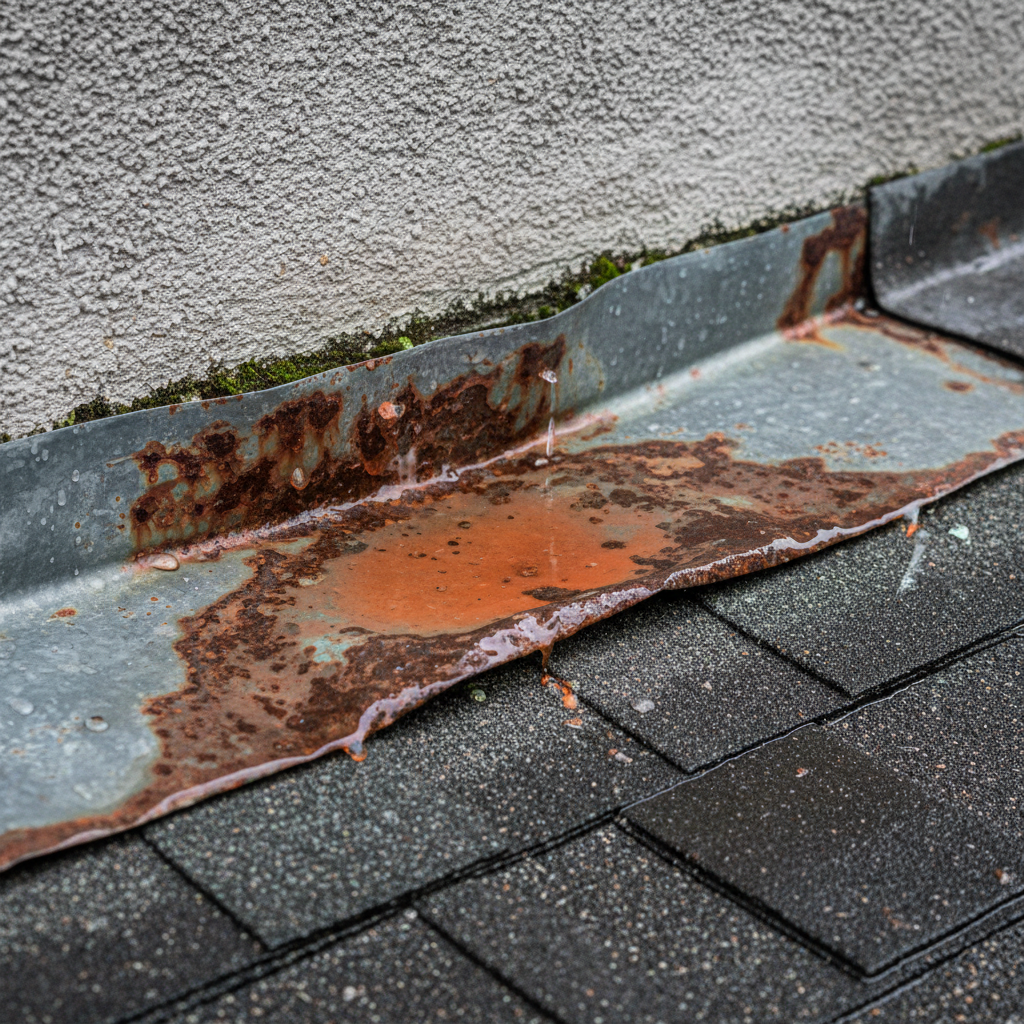 a close-up of metal flashing at a roof-to-wall junction, showing signs of corrosion and lifting, with rainwater visibly - roof leak problems Singapore