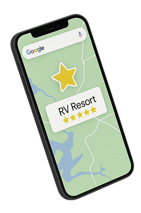 Smartphone showing Google Maps with RV Resort rated 5 stars, symbolizing campground visibility and strong online reputation