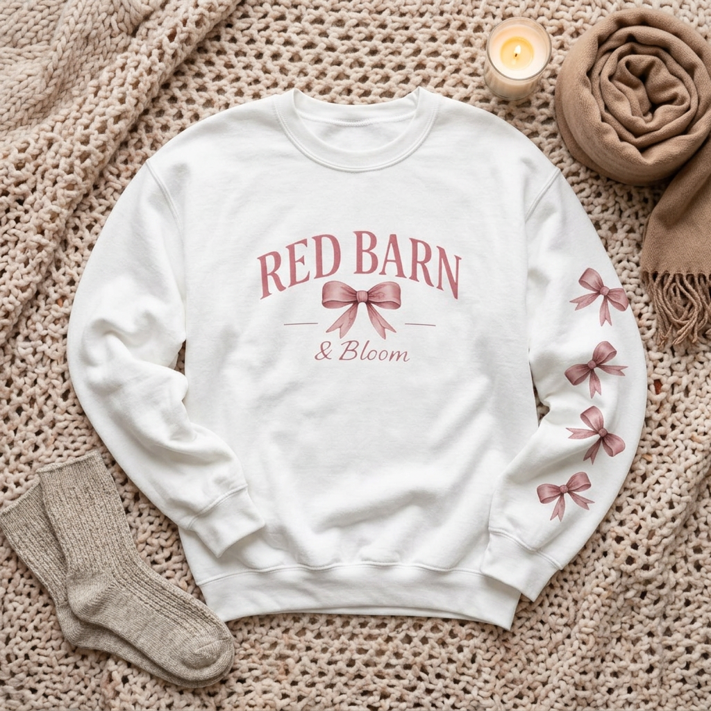 Red Barn & Bloom Bloom Signature Crewneck sweatshirt featuring a signature blush bow logo and soft fleece-lined comfort.