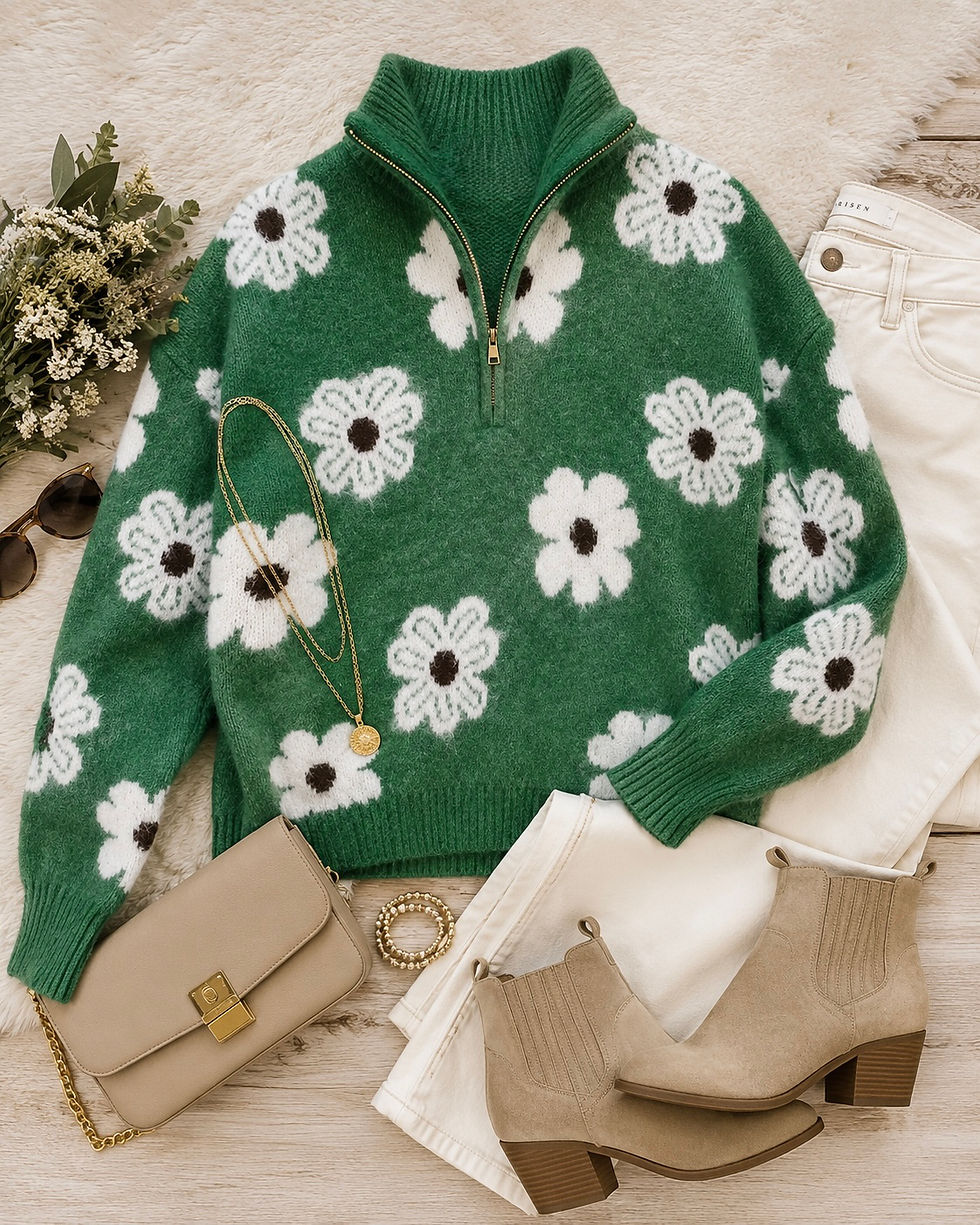 Red Barn & Bloom Blush Bloom Half-Zip Sweater front view showcasing a relaxed fit and charming daisy pattern.