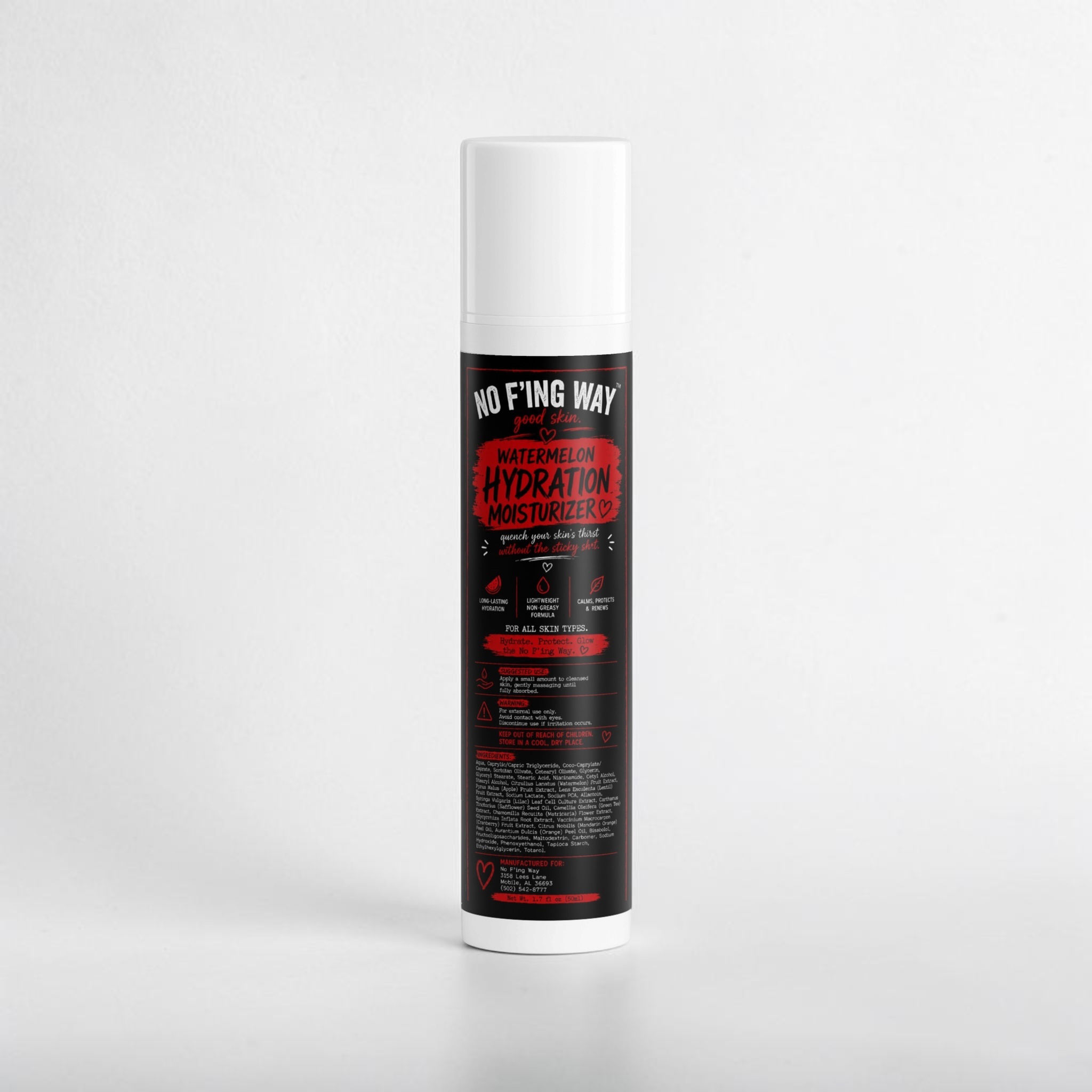 No F’ing Way Watermelon Hydration Moisturizer in bold red and black packaging.