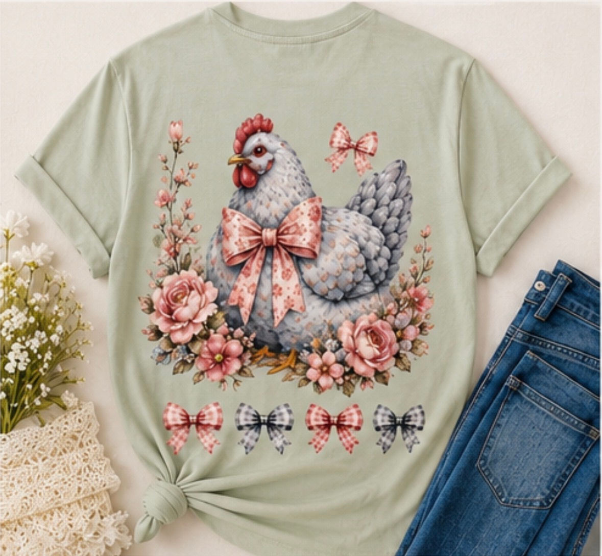 Daisy Cottage Coop hen graphic tee featuring a blue-gray chicken with a pink floral bow and cottage garden flowers
