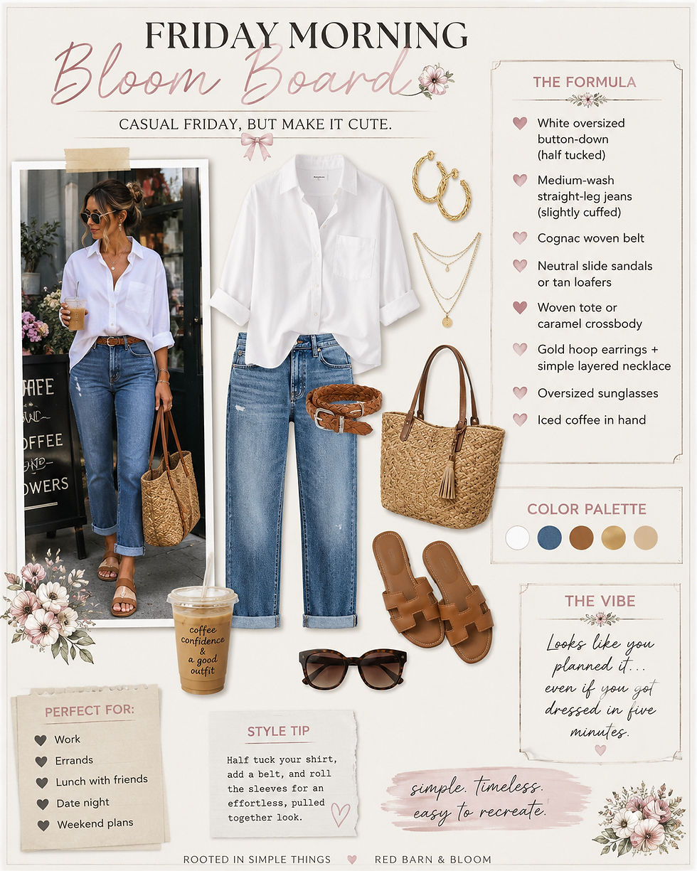 Alt Text: A neutral Friday Morning Bloom Board by Red Barn & Bloom featuring a timeless casual outfit with a crisp white oversized button-down shirt, medium-wash straight-leg jeans, a cognac woven belt, tan slide sandals, a woven straw tote, gold hoop earrings, layered necklaces, oversized sunglasses, and an iced coffee. The fashion mood board includes a neutral color palette, outfit formula, styling tips, and inspiration for casual Fridays, work outfits, coffee dates, weekend errands, and effortless summer-to-fall fashion.