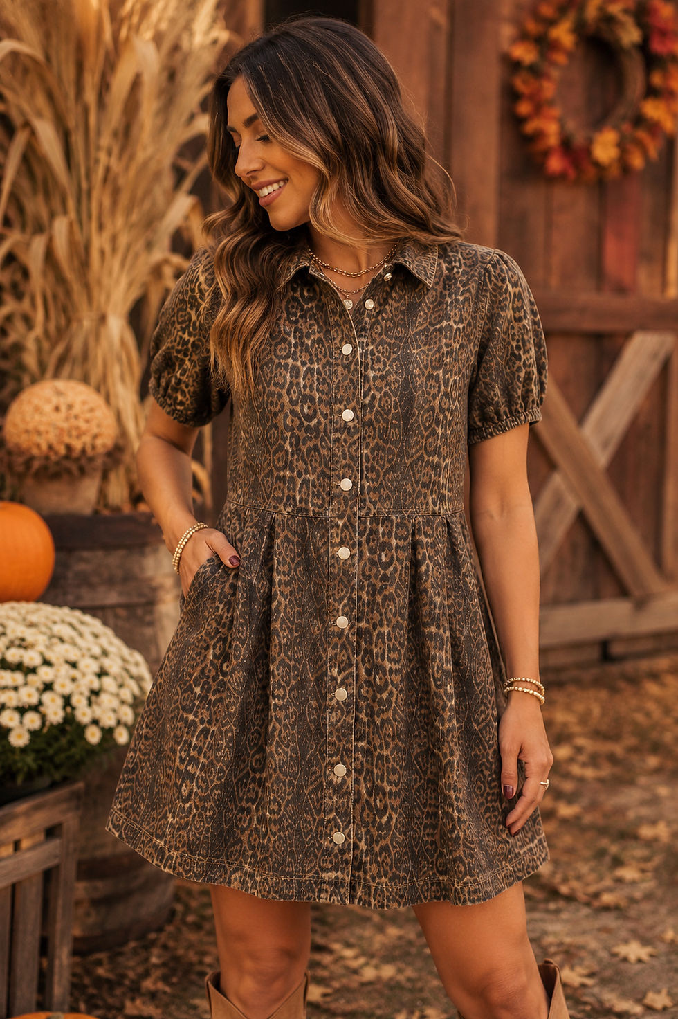 Brown leopard print button down shift dress for women
