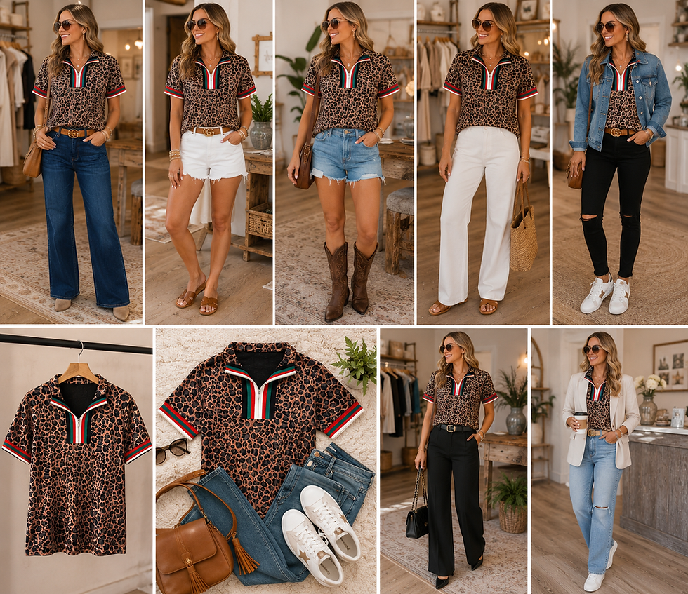 Red Barn & Bloom leopard print boutique top outfit inspiration featuring wide-leg jeans, white shorts, denim shorts, white pants, black denim, denim jackets, blazers, and casual fall styling ideas.