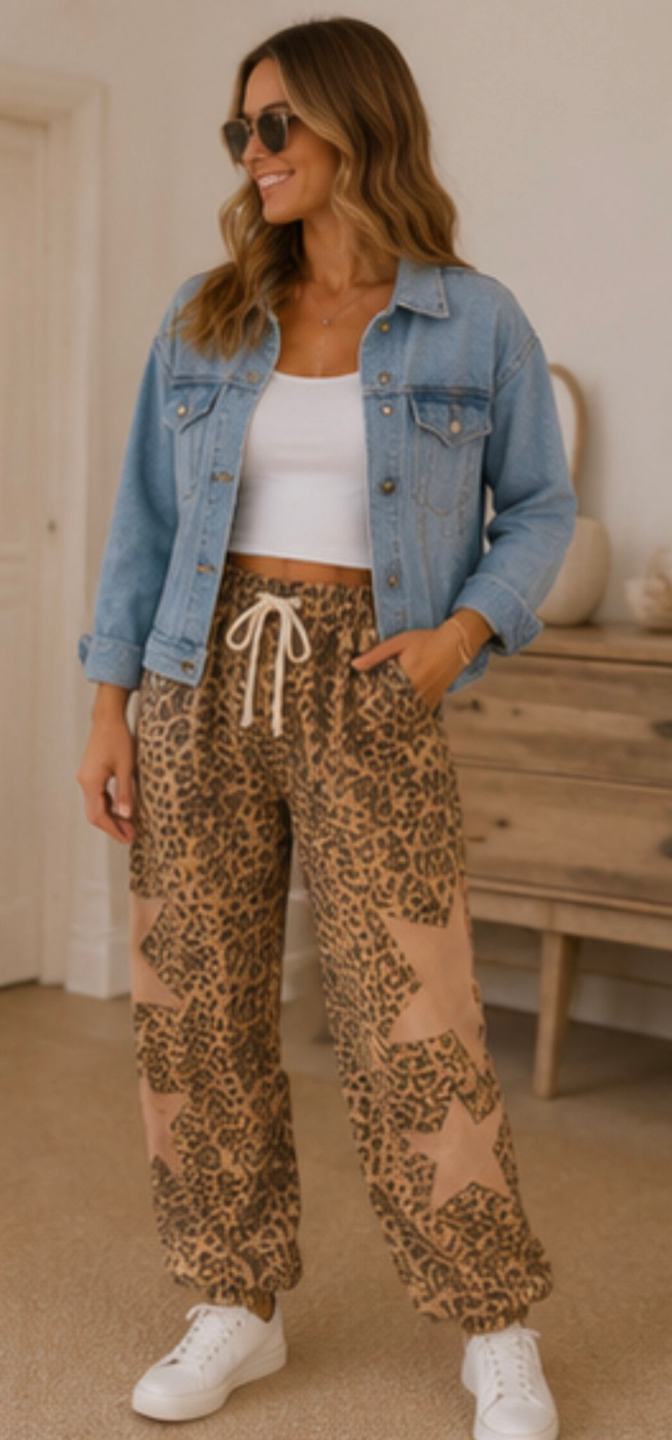 Model wearing the Red Barn and Bloom Dusty Star Leopard Pants featuring retro animal print and star patch appliques.
