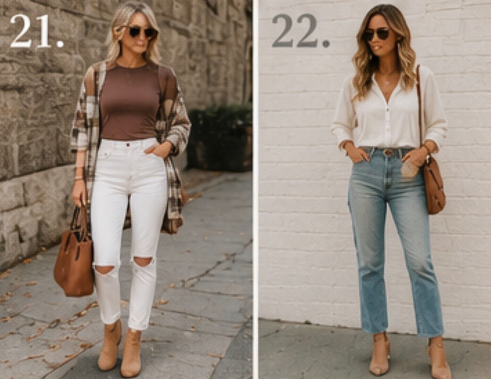 Red Barn & Bloom Bloom Board featuring 25 late summer and early fall outfit ideas with neutral tops, denim shorts, white denim, wide-leg pants, lightweight sweaters, denim jackets, woven accessories, and timeless everyday fashion inspiration.