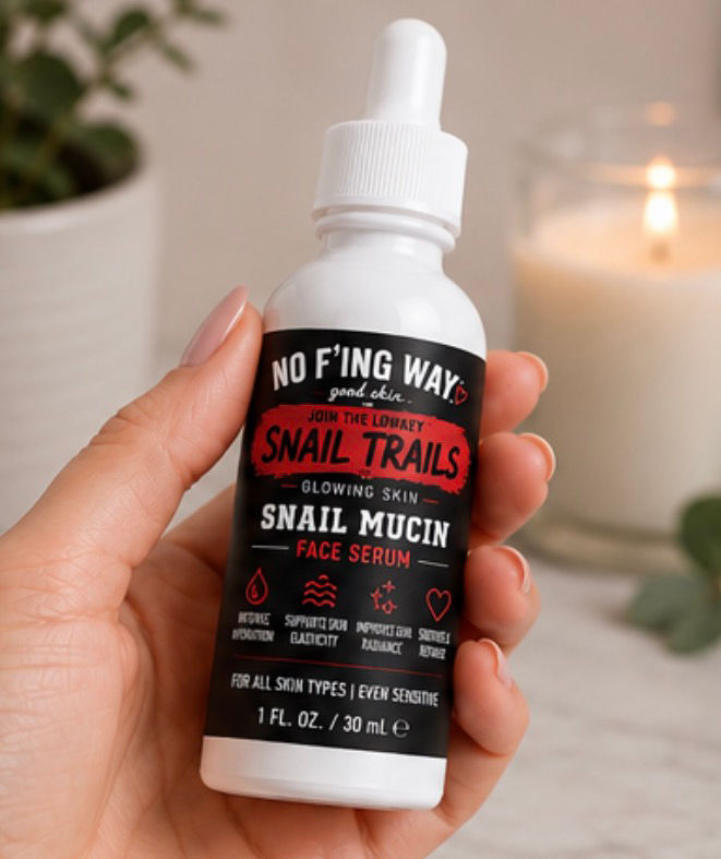 No F’ing Way Snail Mucin Serum designed to nourish and hydrate dry-looking skin.