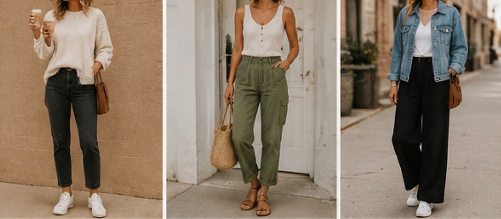 Red Barn & Bloom cozy late summer outfit featuring a cream knit sweater, distressed denim shorts, white sneakers, and casual weekend style.