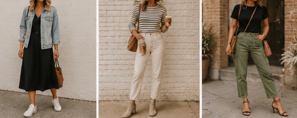 Red Barn & Bloom transitional outfit featuring a classic denim jacket, neutral top, black wide-leg trousers, white sneakers, and casual layered style.