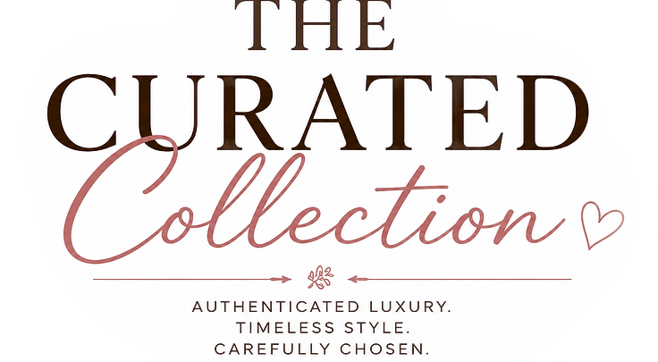 Red Barn & Bloom The Curated Collection promotional graphic featuring large dark brown serif lettering and blush pink script text. The design includes a heart accent and the phrases "Authenticated Luxury," "Timeless Style," "Carefully Chosen," and "Always One of a Kind." The elegant feminine design reflects the boutique's curated collection of hand-selected apparel, accessories, and unique finds.