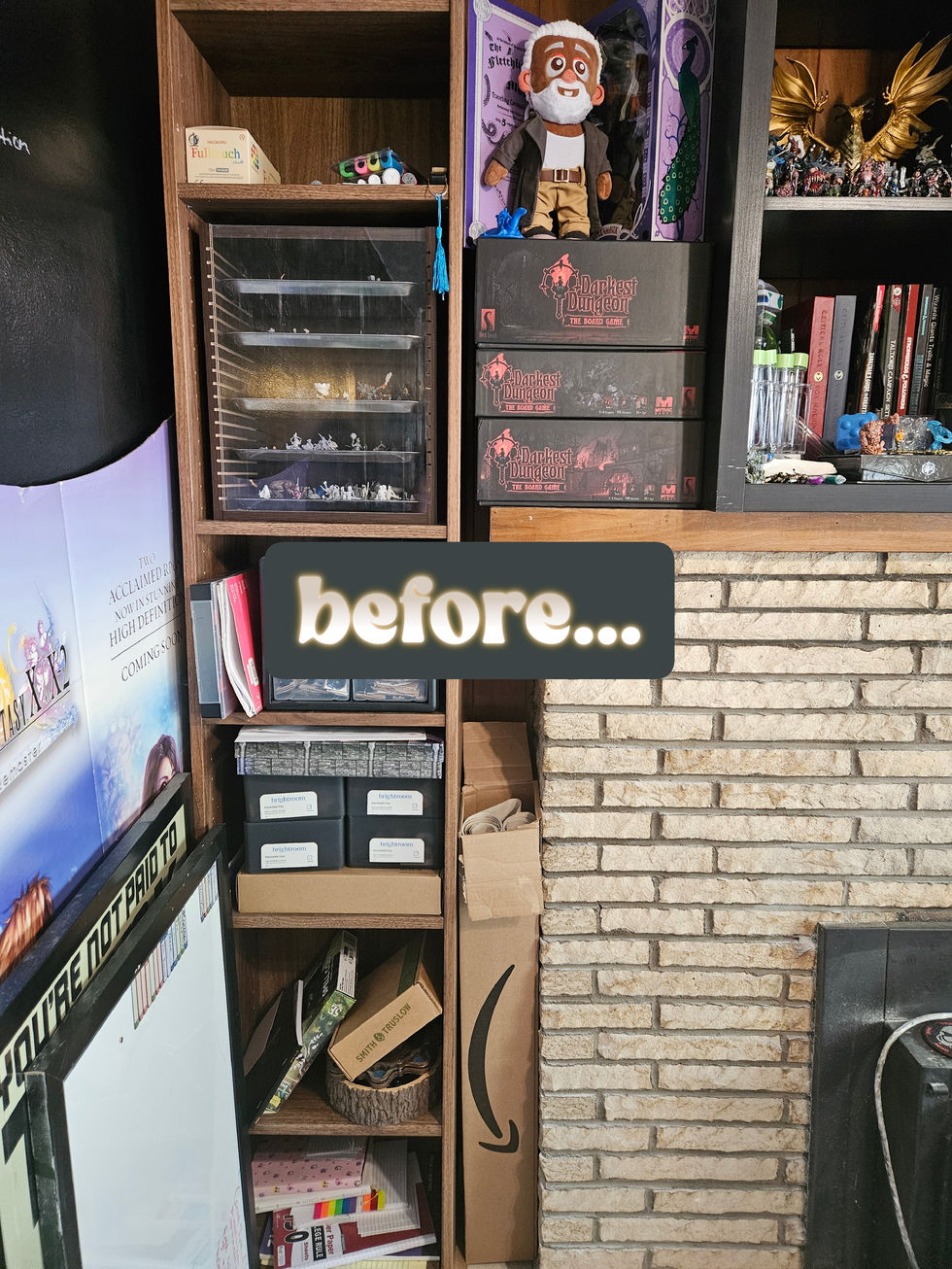 A frequently-used set of board games was stacked underneath an unused collectible toy.