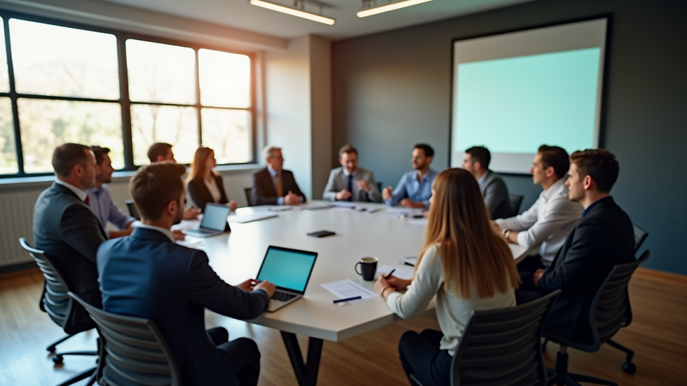 High angle view of a conference room with individuals collaborating on goals