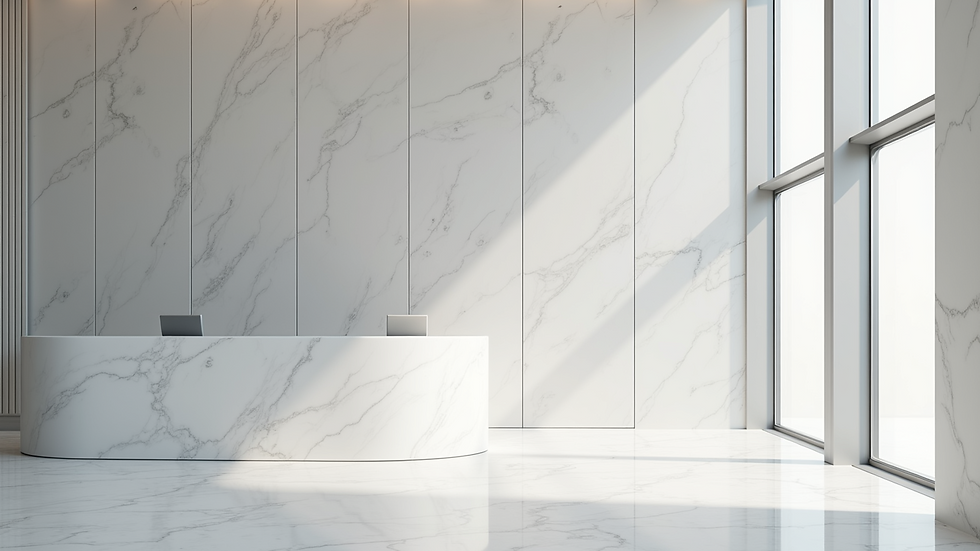 Close-up view of white marble panels in a sleek office reception
