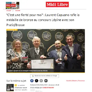 Midi Libre annonce la médaille de bronze pour Laurent Capuano avec son Pratiq'Brosse