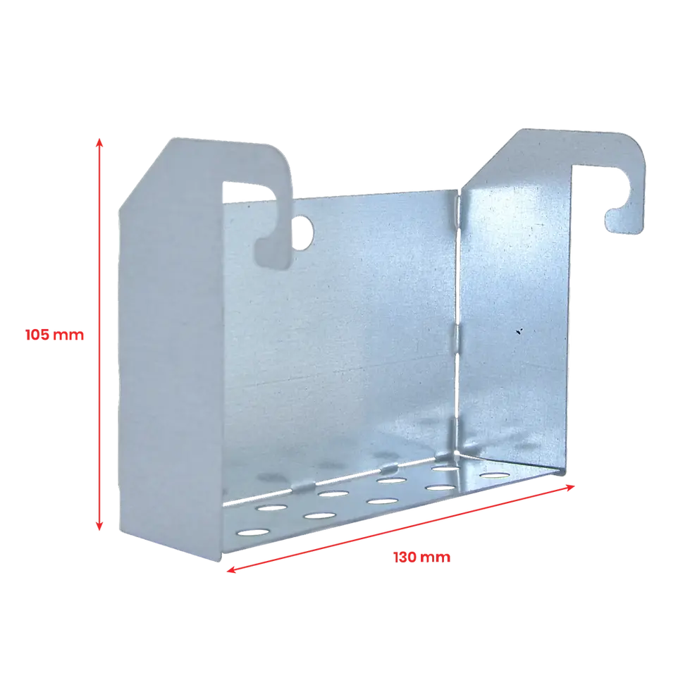 D130 pour seau rectangulaire - vue arrière avec dimensions du support et égouttoir intégré