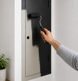 Application d'une peinture sur une petite porte au rouleau avec une finition noire mate