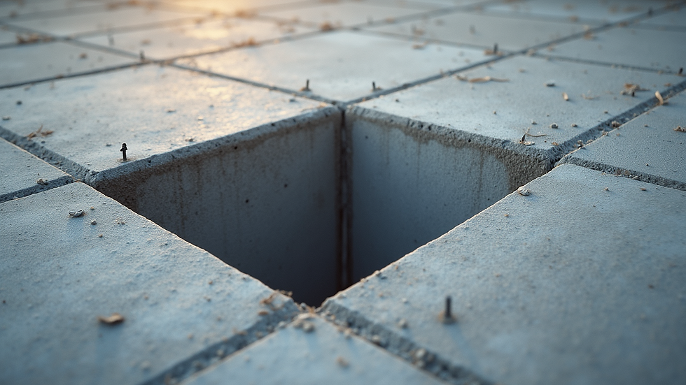 High angle view of concrete foundation with steel reinforcement bars