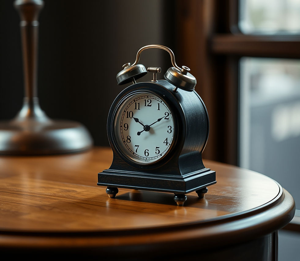 Vintage black alarm clock on a wooden table, reading 10:10. Soft lighting from a nearby window creates a cozy, nostalgic mood.