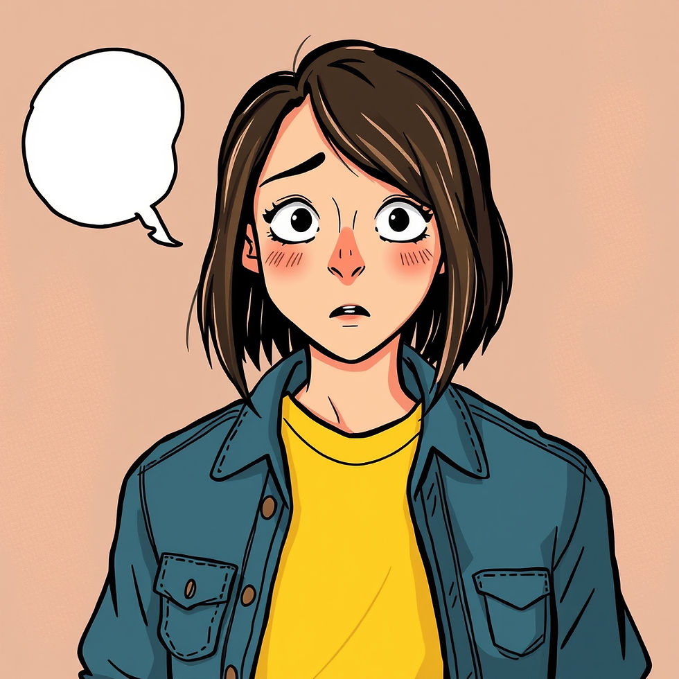 Anxious woman with short brown hair, wide eyes, wearing a yellow shirt and denim jacket. Speech bubble over a beige background.