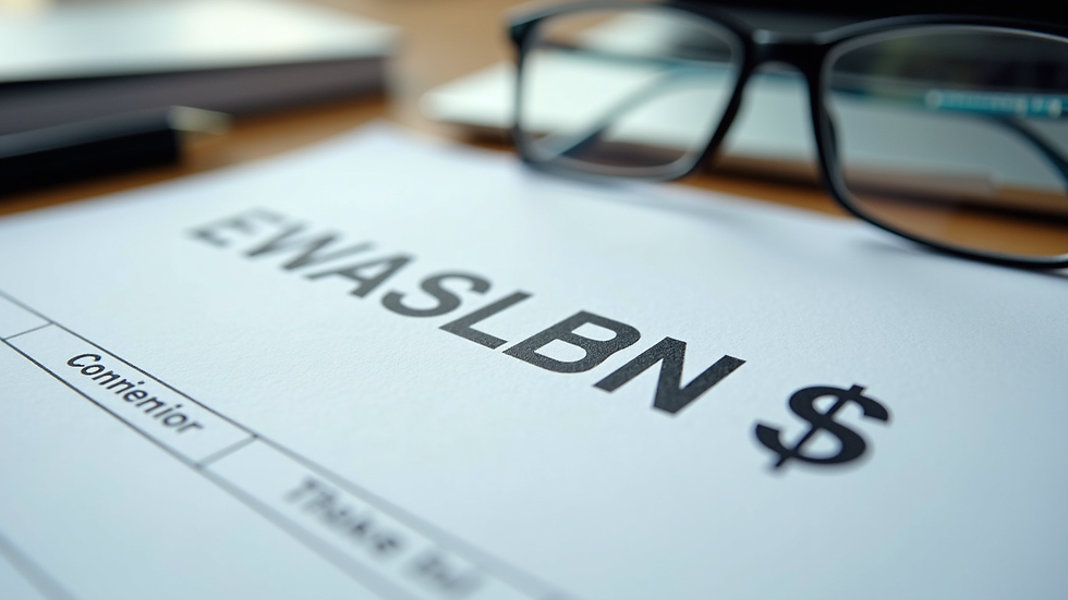 Close-up view of a financial document with a pen and glasses on a desk