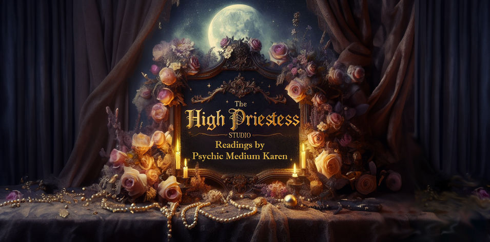 A beautiful promotional display and sign with the name The High Priestess Studio is surrounded by flowers, mist, candles and pearls with a background of theatre drapes.