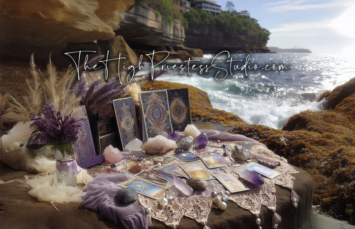 Tarot cards propped on antique lace with crystals and wild flowers upon sandstone rock beside the seashore. 